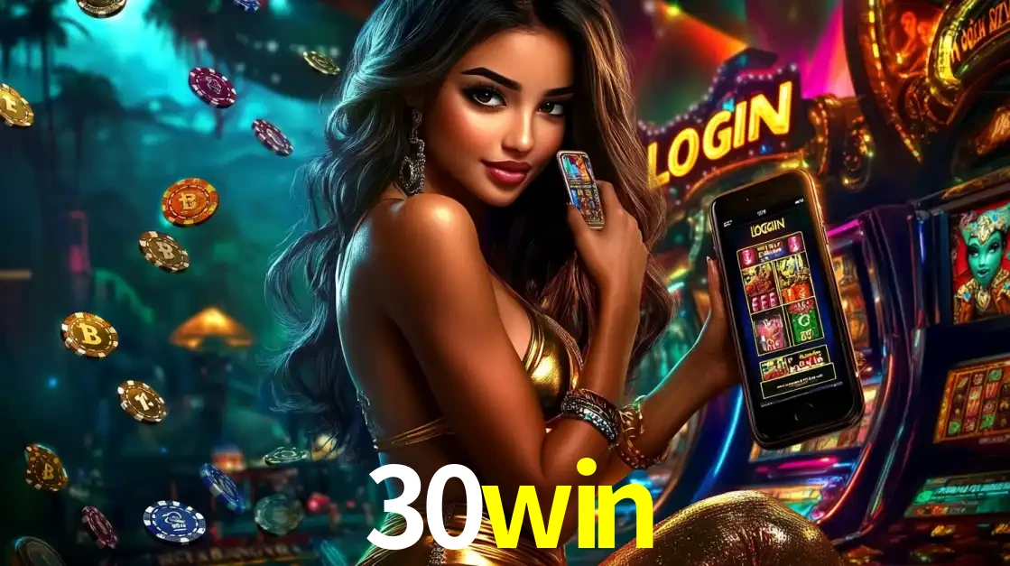 Mulher em um cenário de cassino temático de aventura, mostrando o app de caça-níqueis da 30win no celular. Fichas de apostas flutuam ao redor.