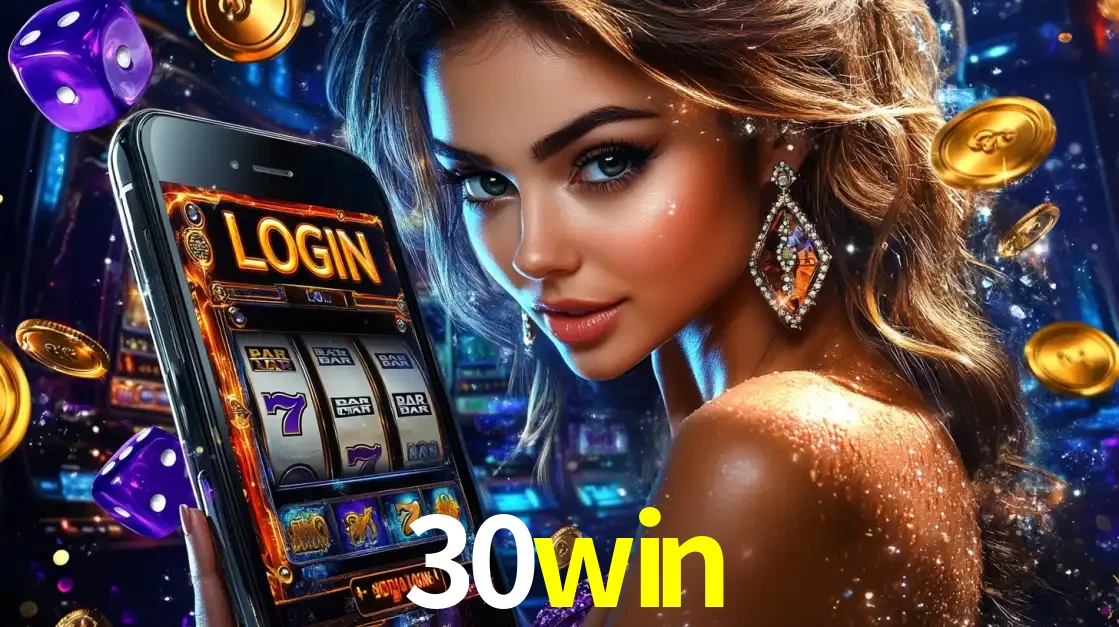 Mulher glamorosa segurando um smartphone com a tela de login para os jogos de caça-níqueis do cassino online 30win, com moedas de ouro e dados ao redor.