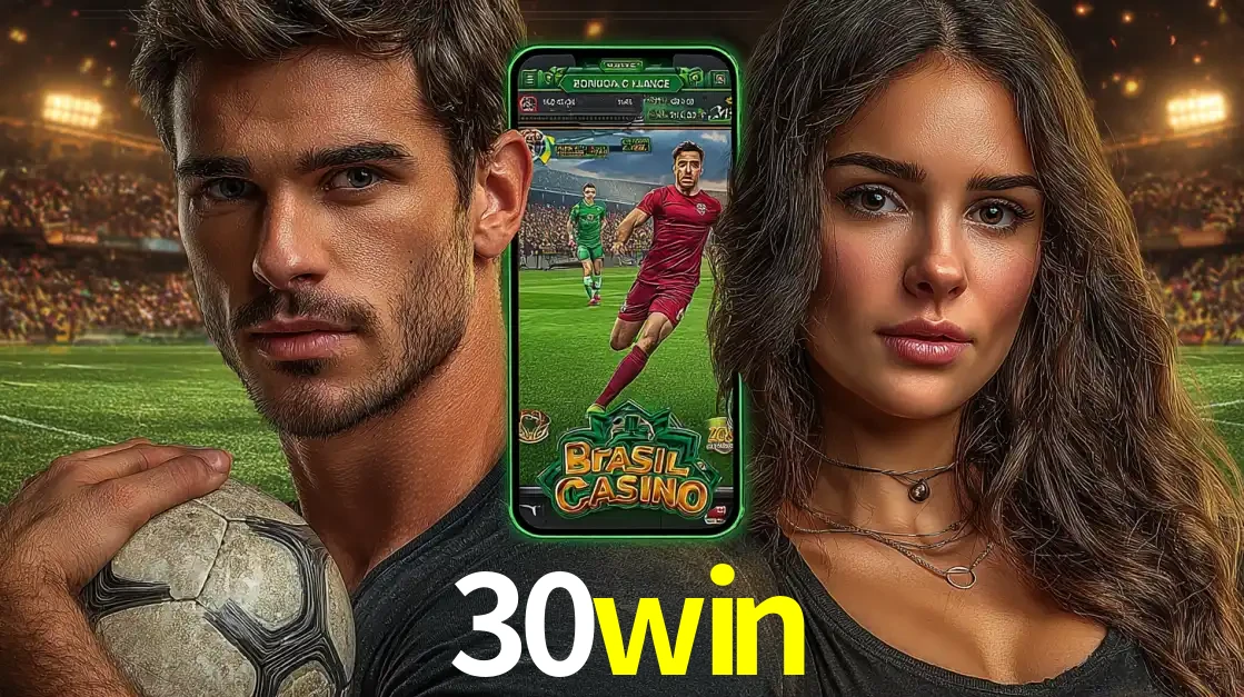 Homem segurando uma bola de futebol e uma mulher ao lado de um smartphone exibindo o jogo de apostas esportivas da 30win. Faça seu palpite no cassino online.